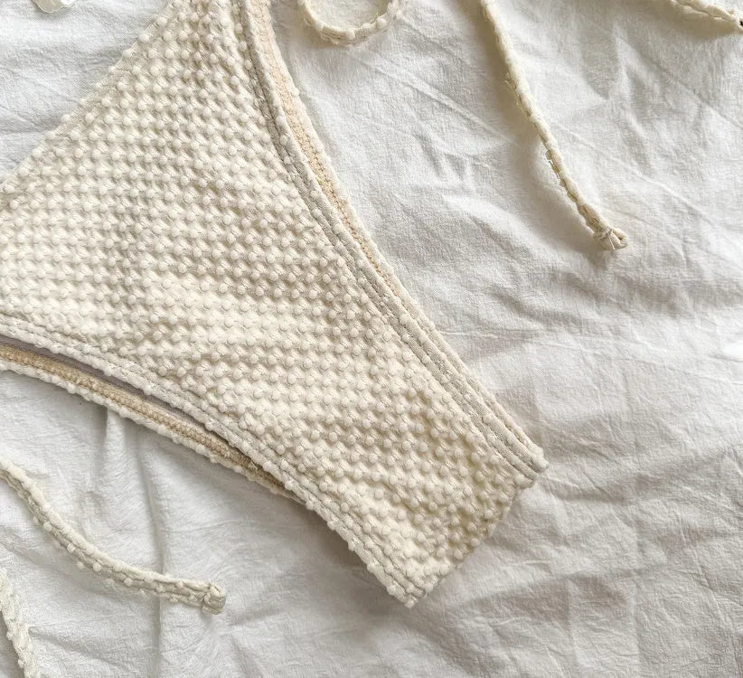 Women's halter neck lace-up bikini swimsuit in milky white, green, or white with briefs bottom
