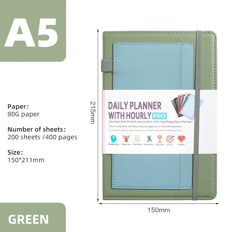Undated notebook with PU cover in six colour options showing thread binding and 200 pages