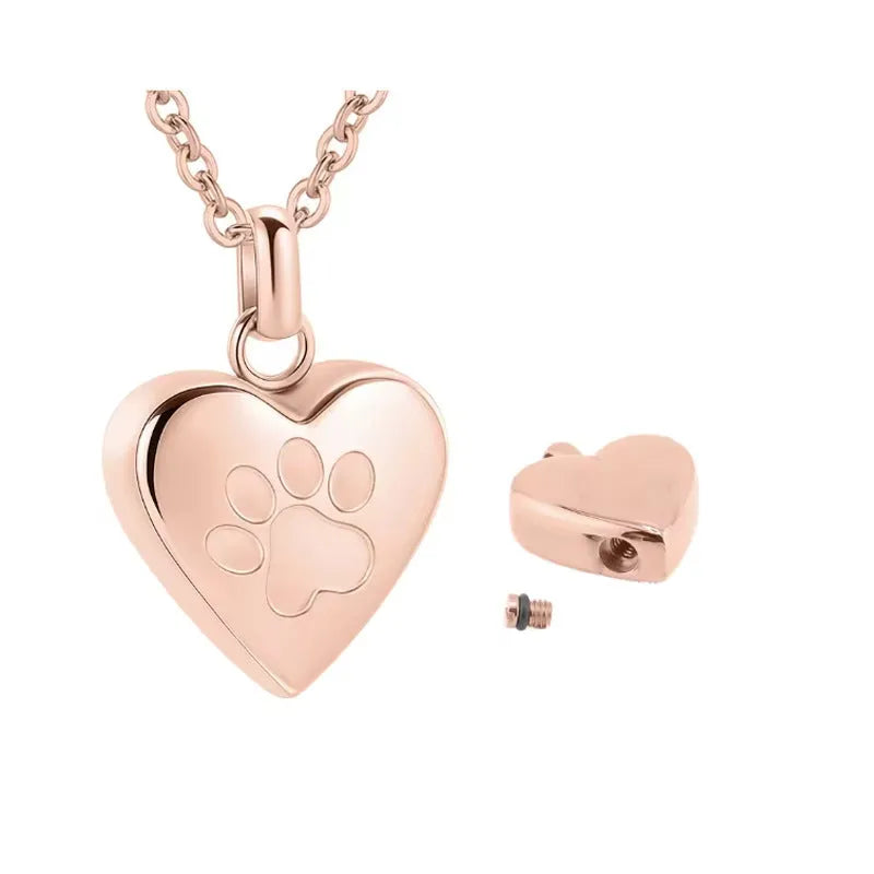 Simple titanium steel heart-shaped necklace with paw print and openable casket pendant.