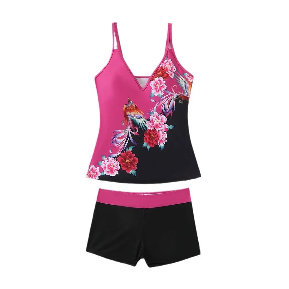 Women's plus size printed two-piece swimsuit set in black or rose red.