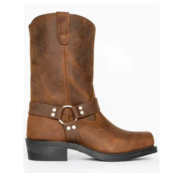Men's brown vintage cowboy boots with a large metal buckle ring on the high top.
