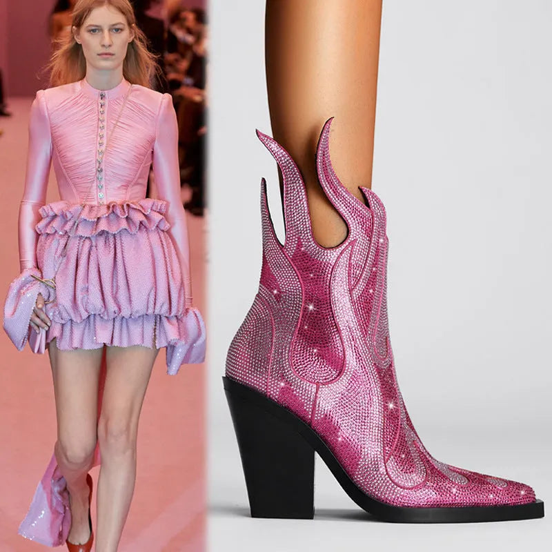 Women's black chunky heel Martin boots with square toe and rhinestone flame decoration on the side.
