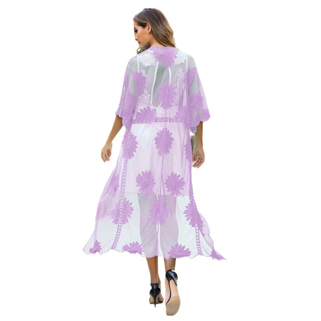 Light purple lace embroidery beach dress with cardigan styling for women's swim and beach wear