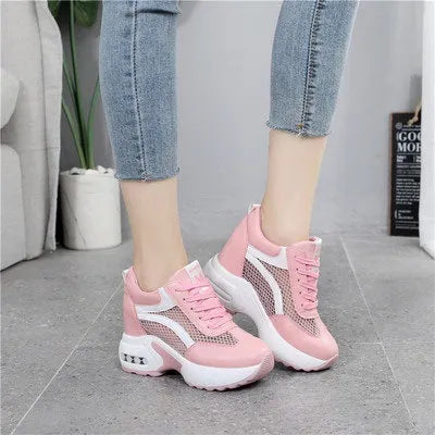 Women's white wedge platform shoes with PU upper round toe and 6-8CM heel