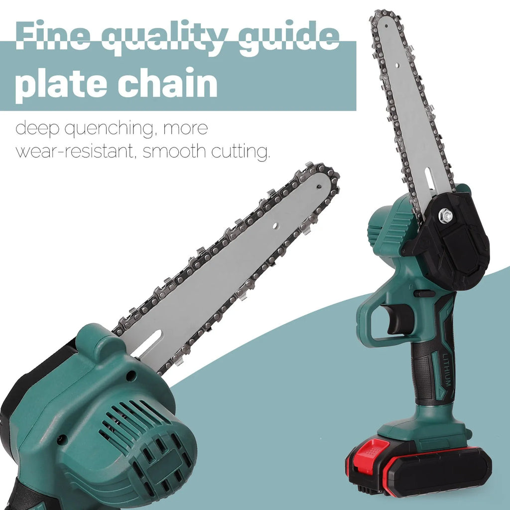 Black one-handed mini electric chainsaw with 4 inch guide bar on a workbench.