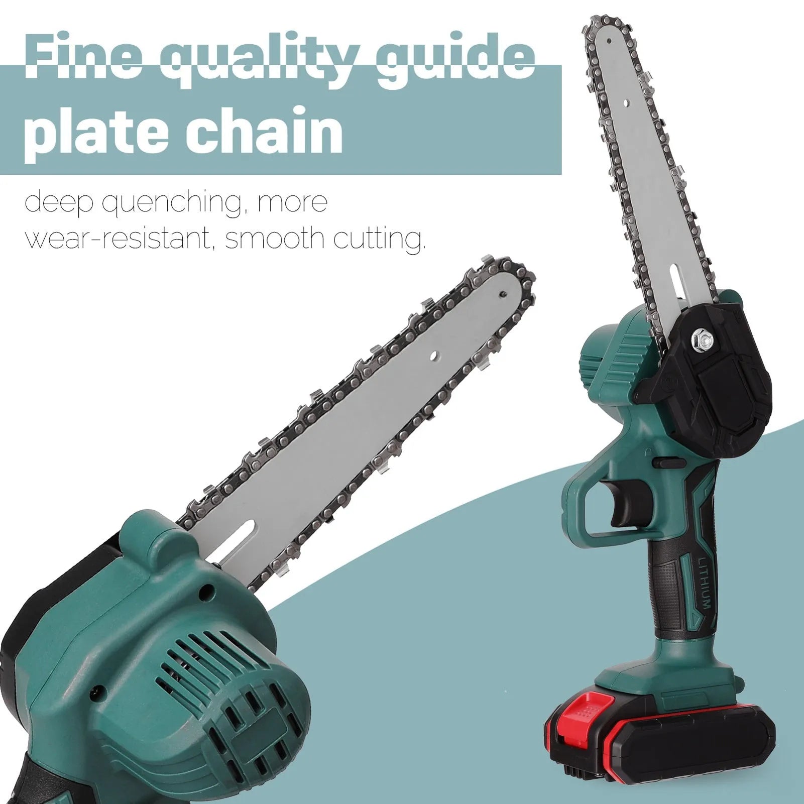 Black one-handed mini electric chainsaw with 4 inch guide bar on a workbench.