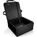 Black car pet seat pad with anti-dirt surface and non-slip base placed on vehicle front seat
