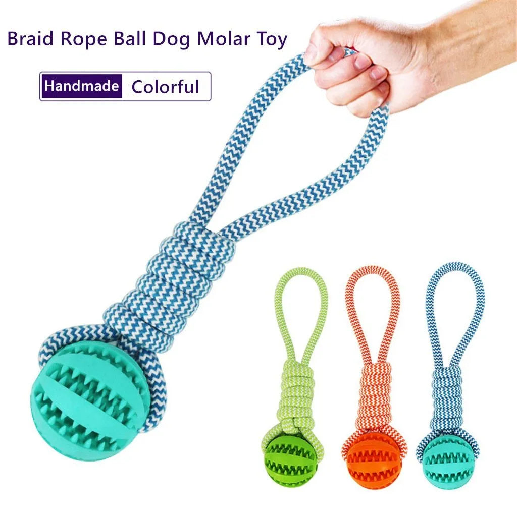 Interactive dog toy ball with cotton rope and rubber ball in twist shape, 25 cm, blue colour