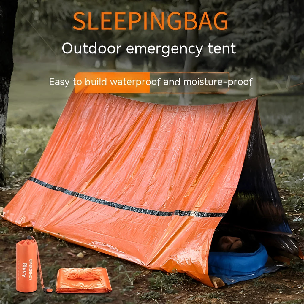 Portable emergency tent kit with sleeping bag and safety whistle in orange or army green colours