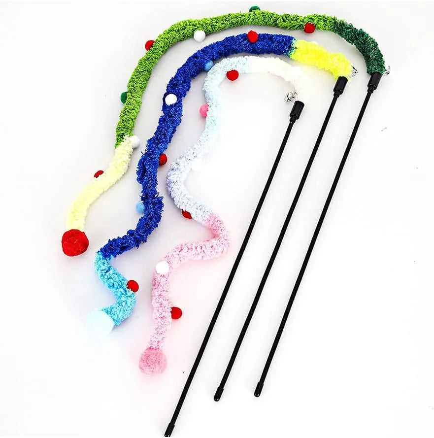 41cm cat wand toy with 60cm plush strip, colourful fluffy ball and bell for interactive play