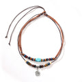Men's wooden bead necklace with turquoise wax rope and alloy geometric flower pendant in retro design