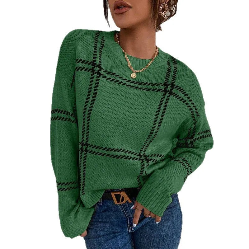 Women's casual plaid colour-block crew neck sweater in acrylic fabric on a hanger.