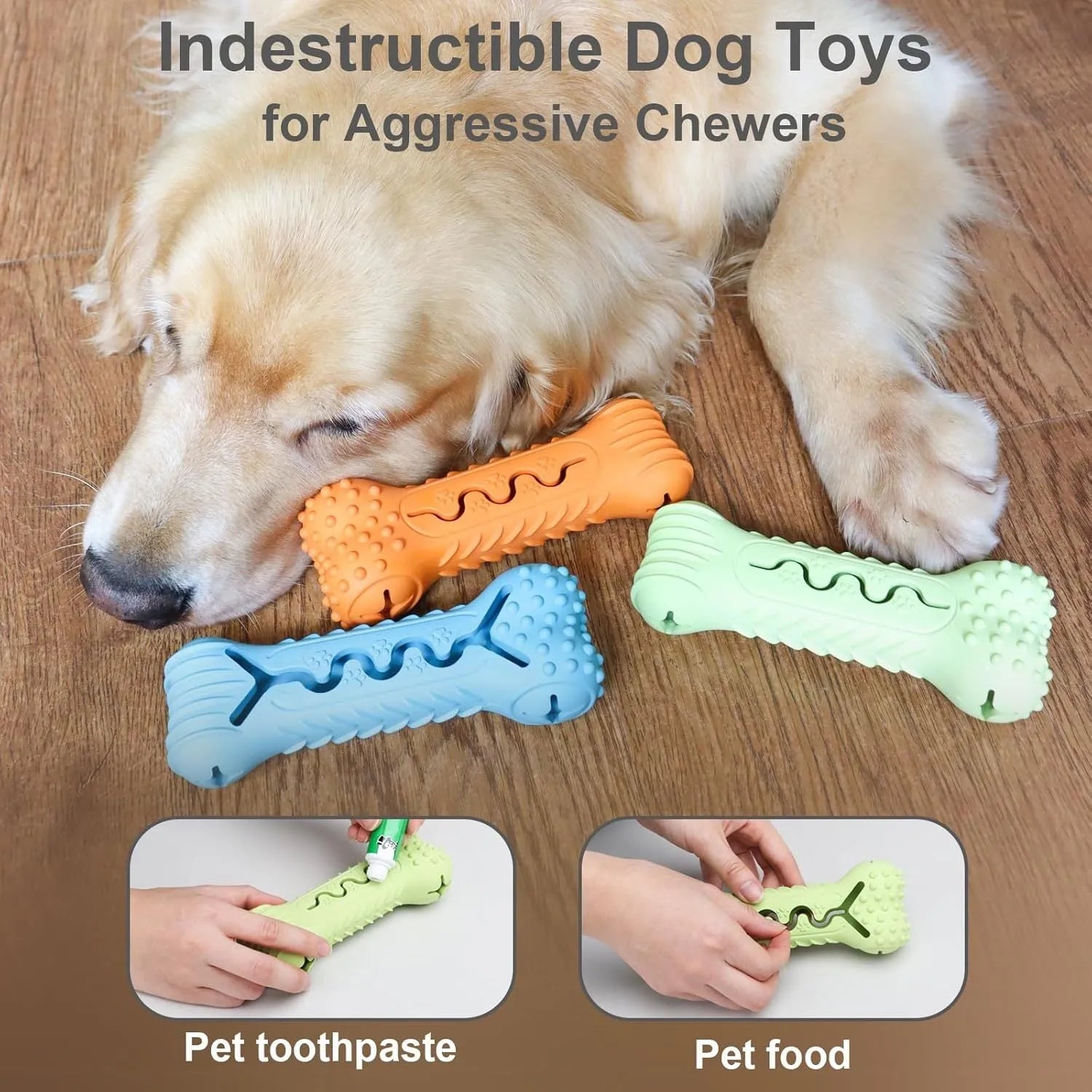 Blue natural rubber bone-shaped dog chew toy for aggressive chewers on a plain background.