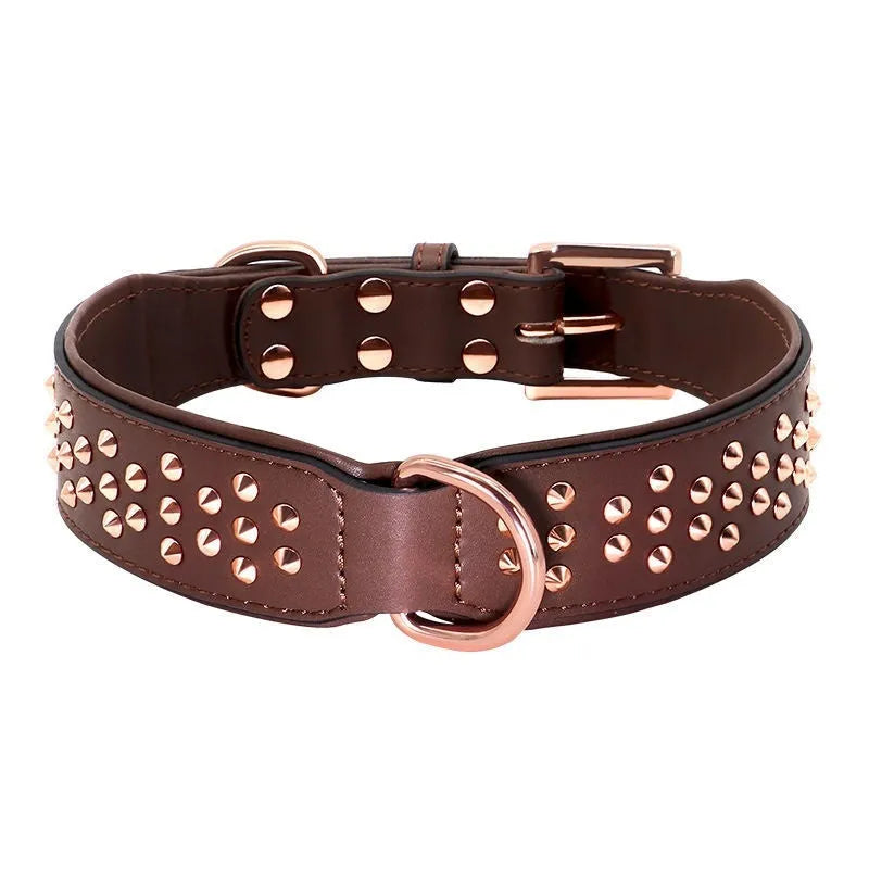 Leather dog collar with metal rivets in black, shown on a size chart with chocolate and pink colour options.