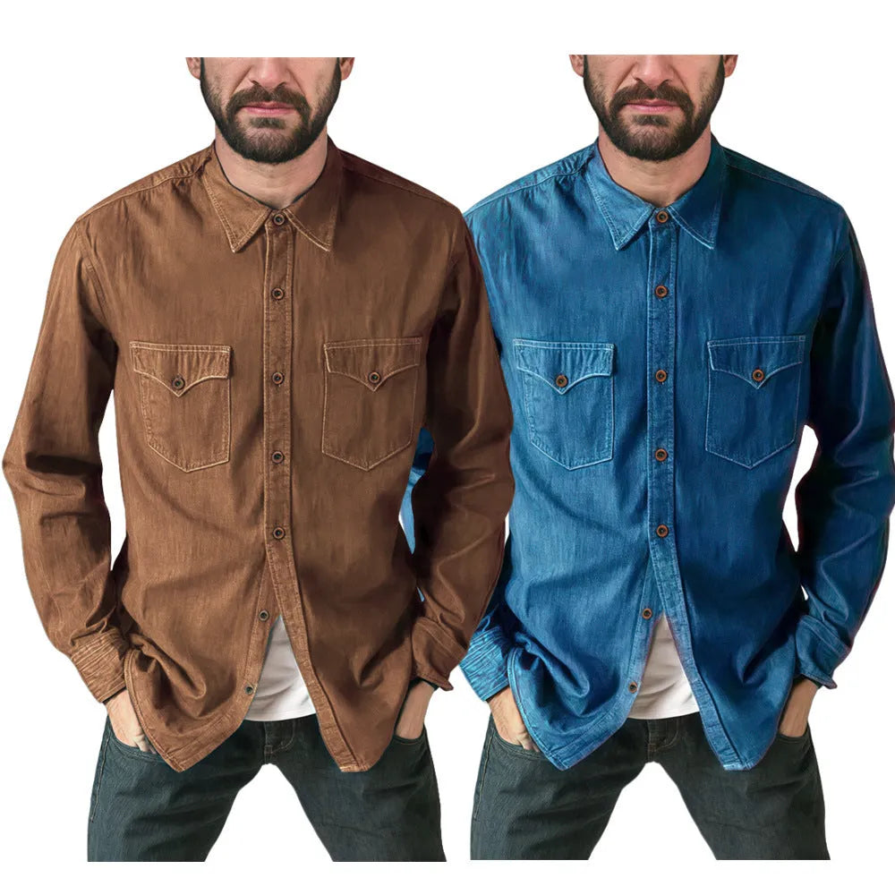 A regular-fit denim cardigan coat in khaki hanging on a rail.