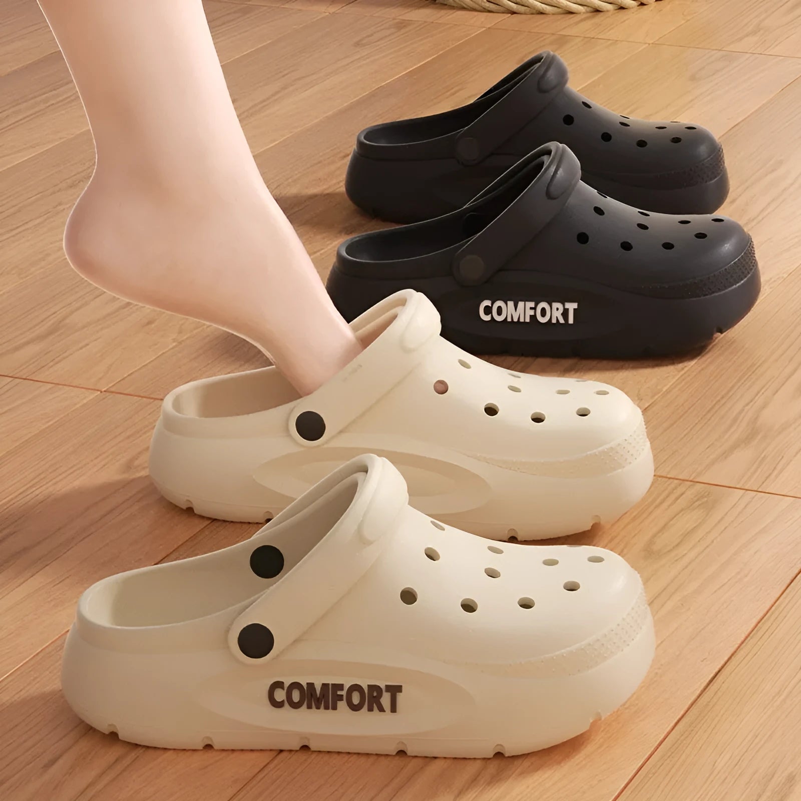 Men's perforated EVA casual shoes in four solid colours with cushioned sole and closed toe