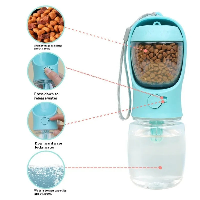 Portable dual-use dog drinking cup in blue colour with foldable design and water grain split
