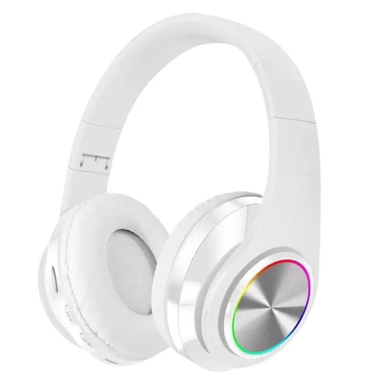 Wireless Bluetooth gaming headset in black, shown with LED breathing lights and a head-mounted design.