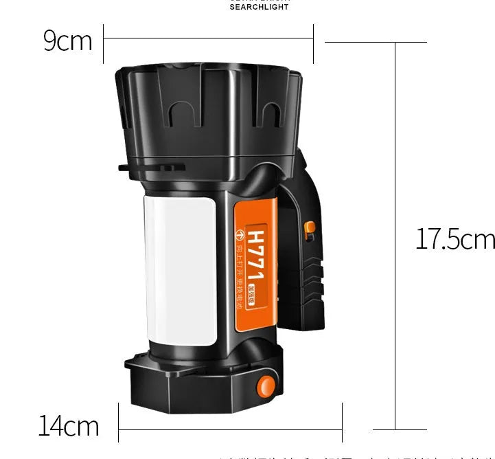 H771 portable orange or green camping lamp with removable battery and shoulder strap.