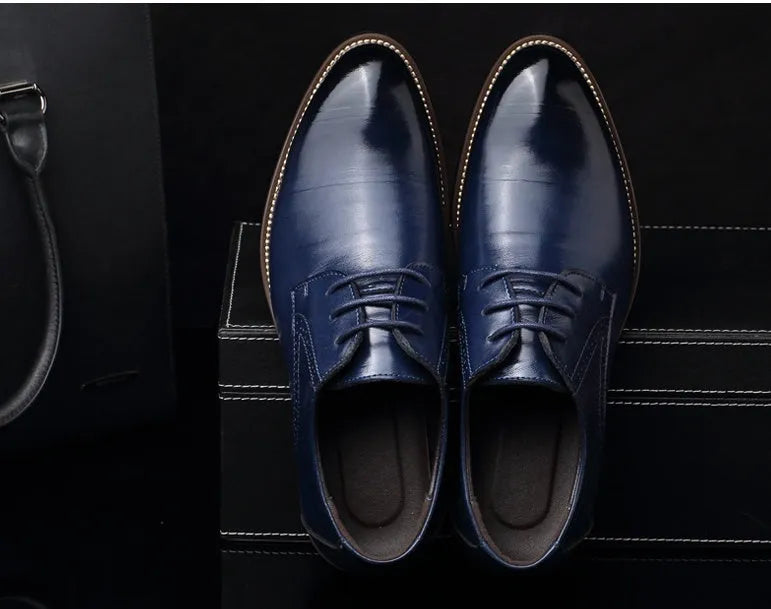 Men's plain toe dress shoes with rivet details, rubber sole, available in black, blue, brown, yellow, sizes 38-48