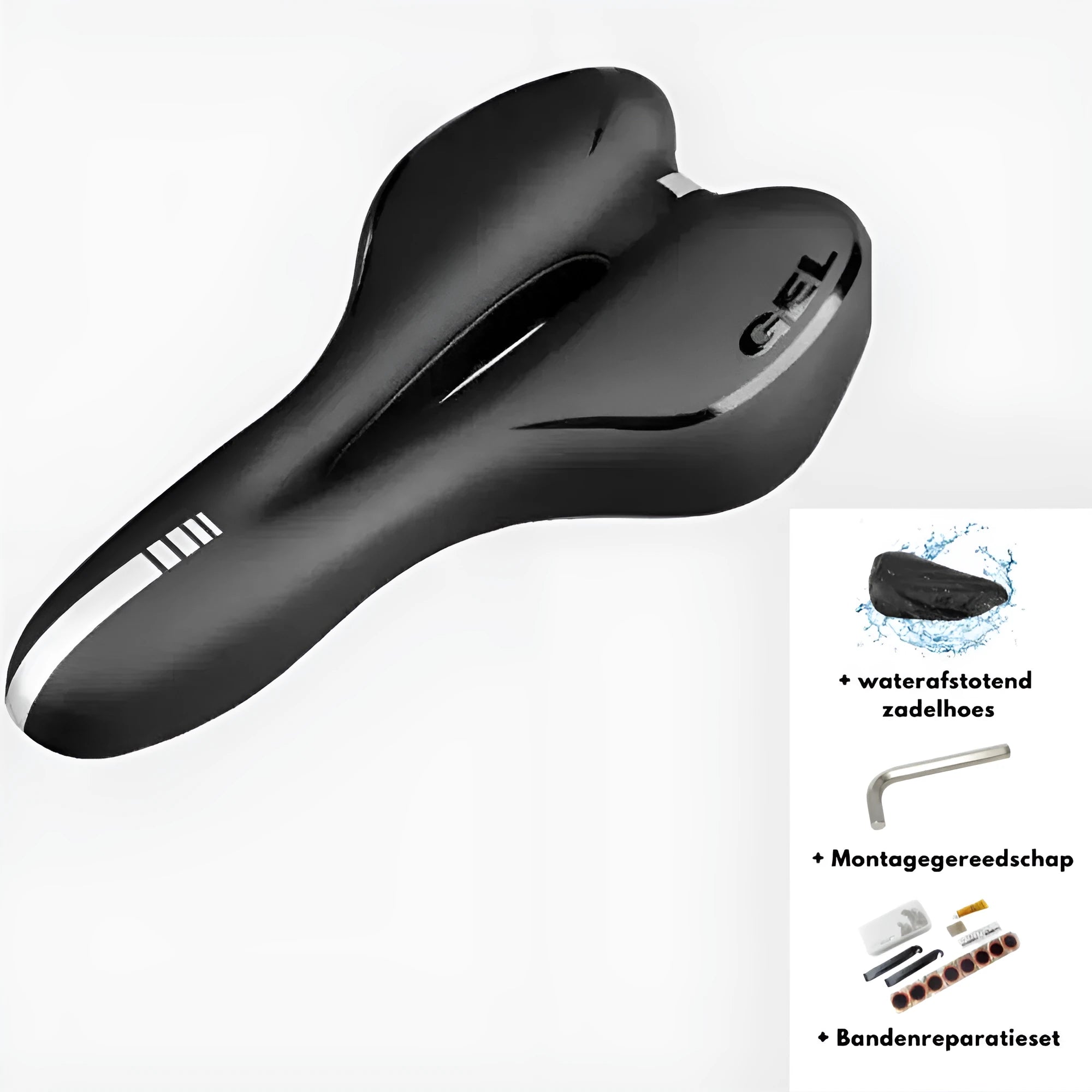 Soft silicone bicycle saddle cushion with black PU leather cover, shown with included waterproof cover, wrench, and puncture repair kit.
