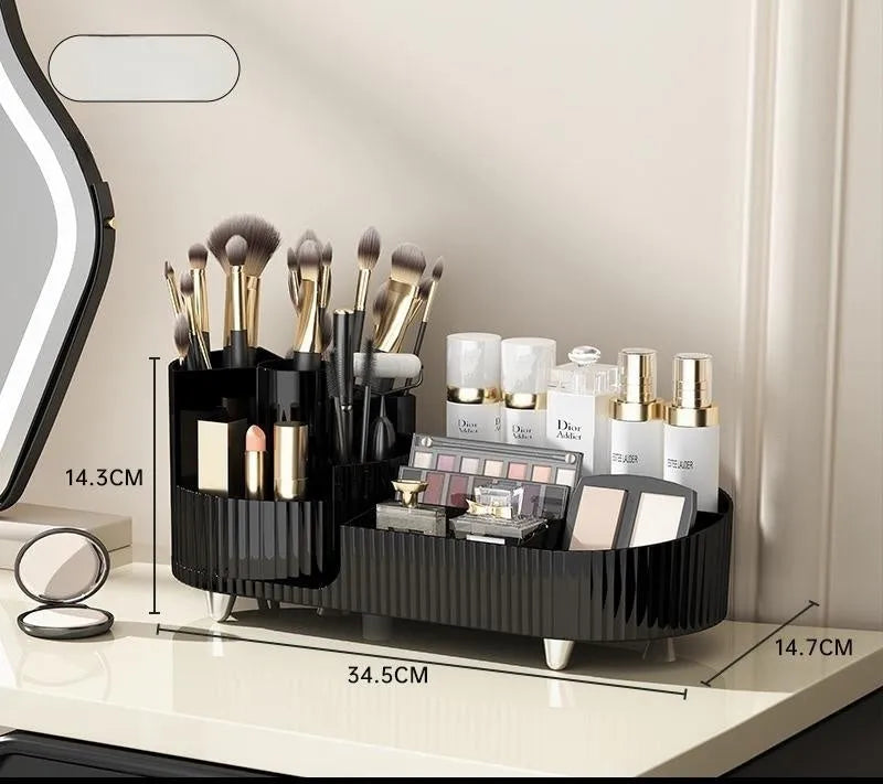 Rotating cosmetics storage box with makeup brushes and lipsticks organised on dresser table