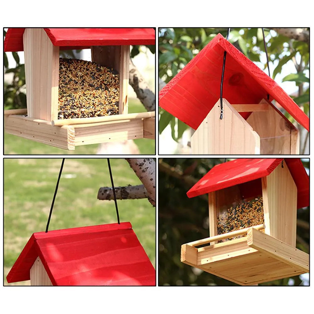 Suspended pine wood bird feeder with a red roof and log texture.