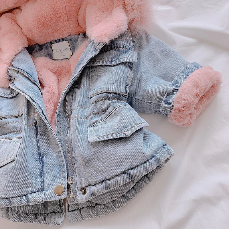 Blue girls denim coat with non-detachable hood and fleece lining.