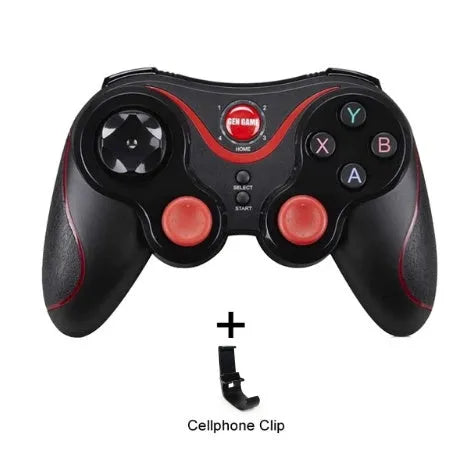 Black and white X3 version wireless Bluetooth game controller for Android phones with mobile phone clip.