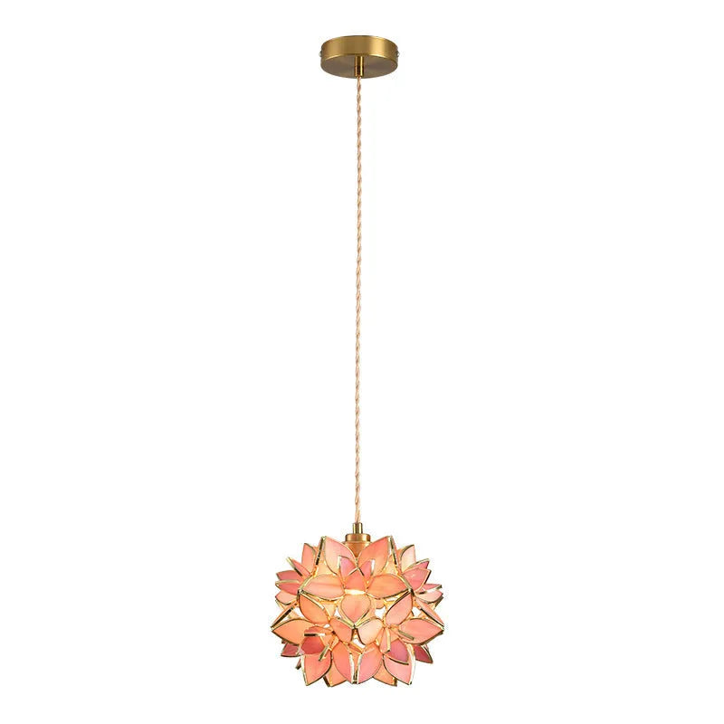 Stained glass hanging chandelier with coloured shades and copper lamp heads on adjustable cable