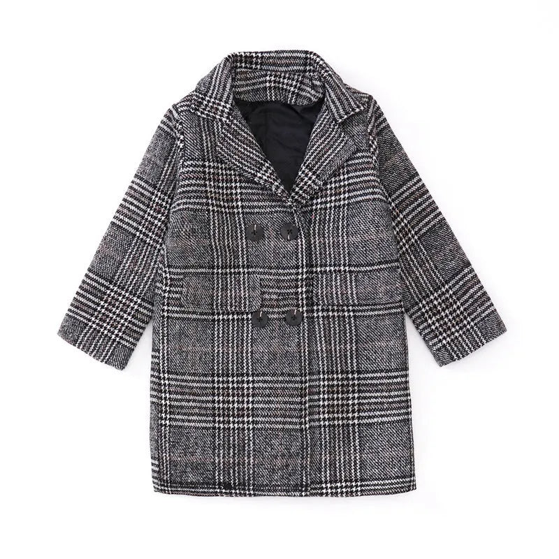 Grey plaid houndstooth coat for girls with suit collar and long sleeves