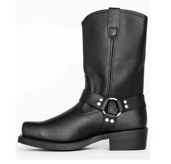 Men's brown vintage cowboy boots with a large metal buckle ring on the high top.