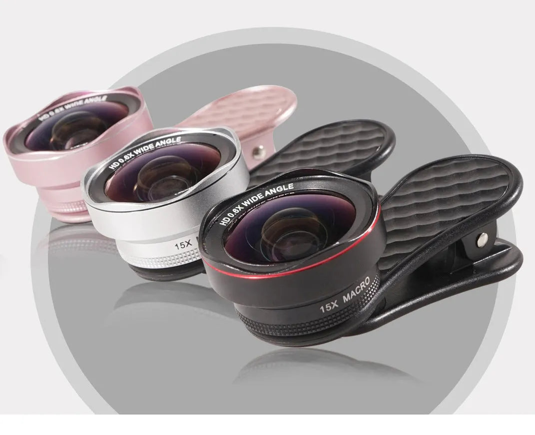 LQ-046 mobile phone wide-angle and macro lens set with universal clip in black, silver, and rose gold colour options