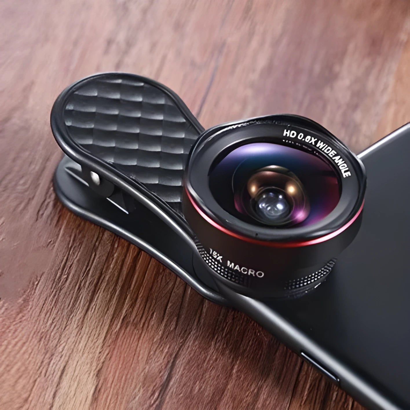 LQ-046 mobile phone wide-angle and macro lens set with universal clip in black, silver, and rose gold colour options
