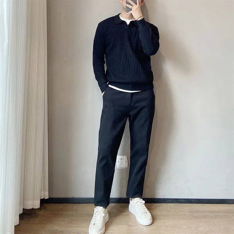 Men's loose grey knitted pullover sweater with long sleeves, rabbit fur modal fabric.