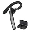 Black mono Bluetooth headset with an ear hook, showing its single earpiece design.