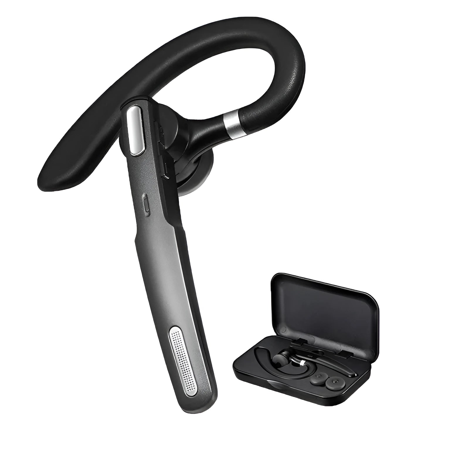 Black mono Bluetooth headset with an ear hook, showing its single earpiece design.