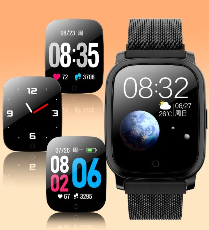 Black smart pedometer watch with temperature measurement on wrist
