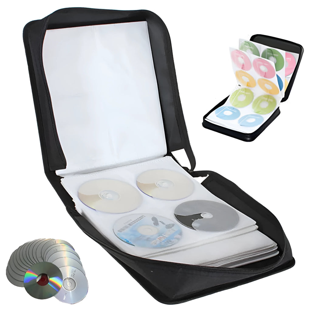 Black Oxford cloth CD storage binder with zipper closure and top carrying strap