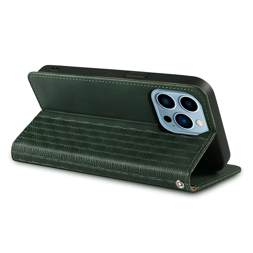 Embossed leather flip phone case for iPhone showing texture detail and flip cover design
