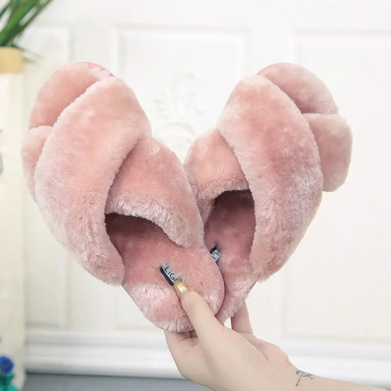 Women's cross open-toe fur slippers with patterned non-slip sole in multiple colour options