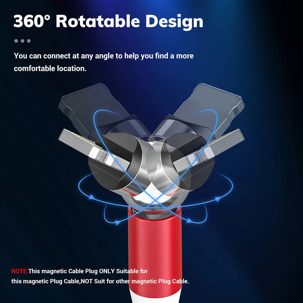 Black magnetic charging cable with spherical connectors showing 360-degree rotation on a table.