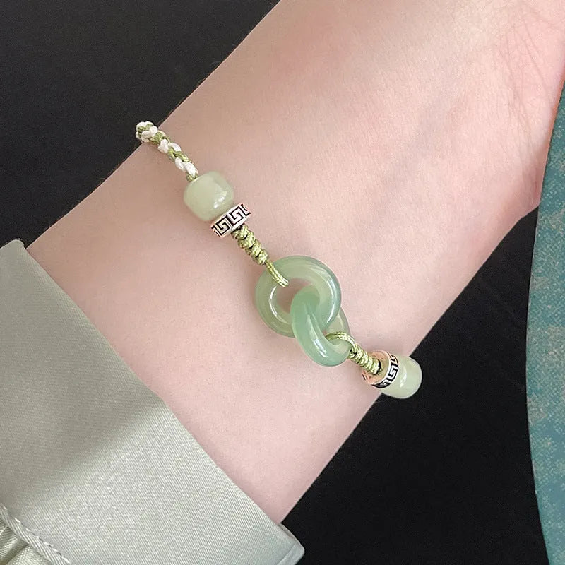 Jade green double ring women's bracelet with peace buckle weaving on copper base