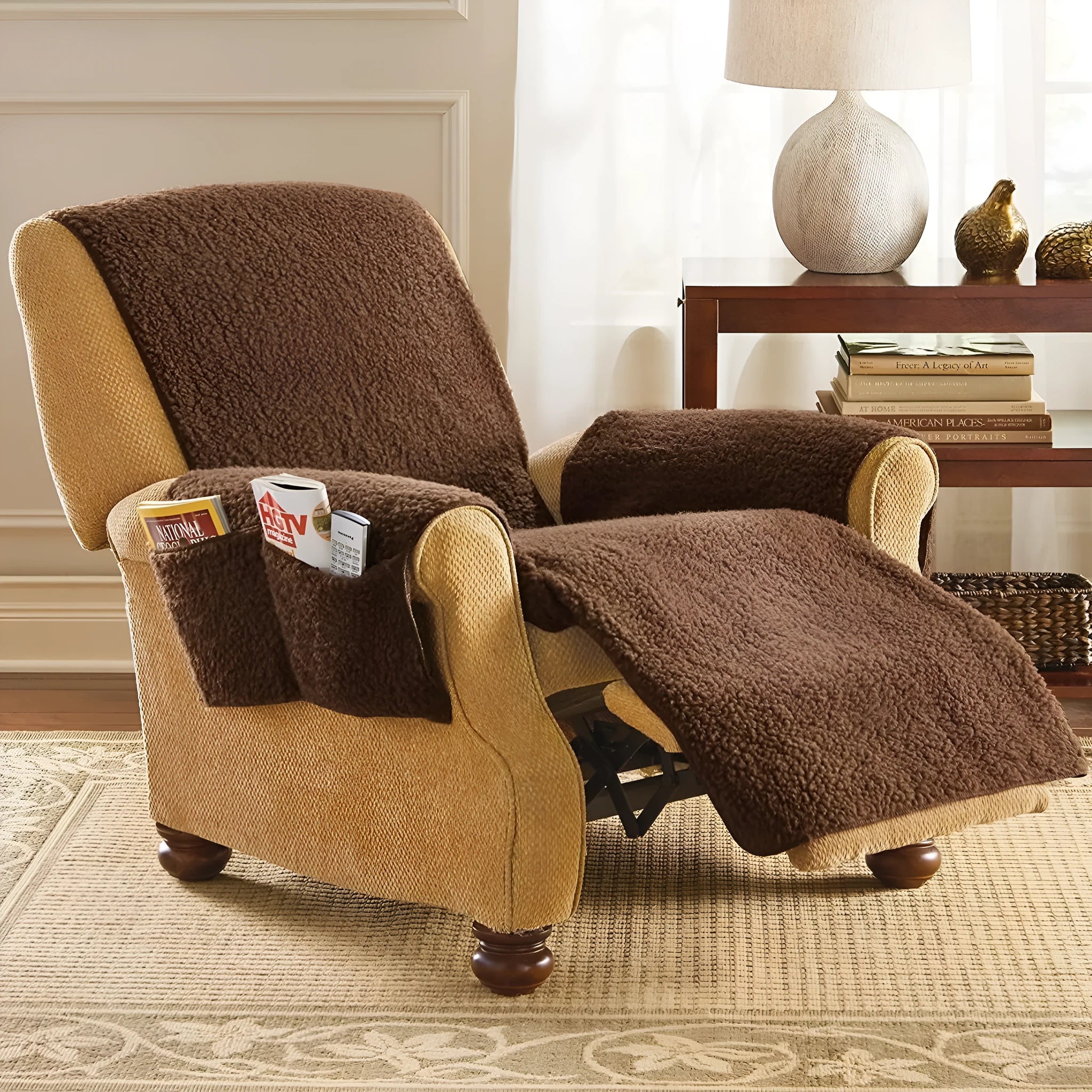 Universal polyester sofa slipcover in beige, shown on a sofa cushion, available in multiple colours and seat widths.