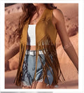 Women's brown faux suede sleeveless tassel vest cardigan on display