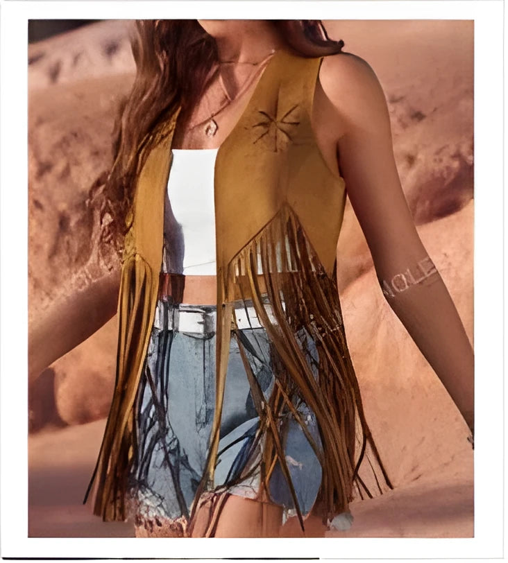 Women's brown faux suede sleeveless tassel vest cardigan on display