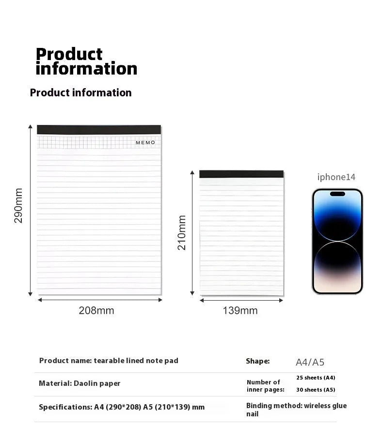 A4 tearable notebook with a paper cover and ivory white grid pages, showing adhesive binding.