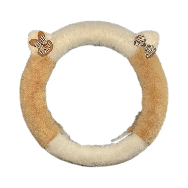 Milk tea white plush steering wheel cover with cute panda ears design on a car steering wheel