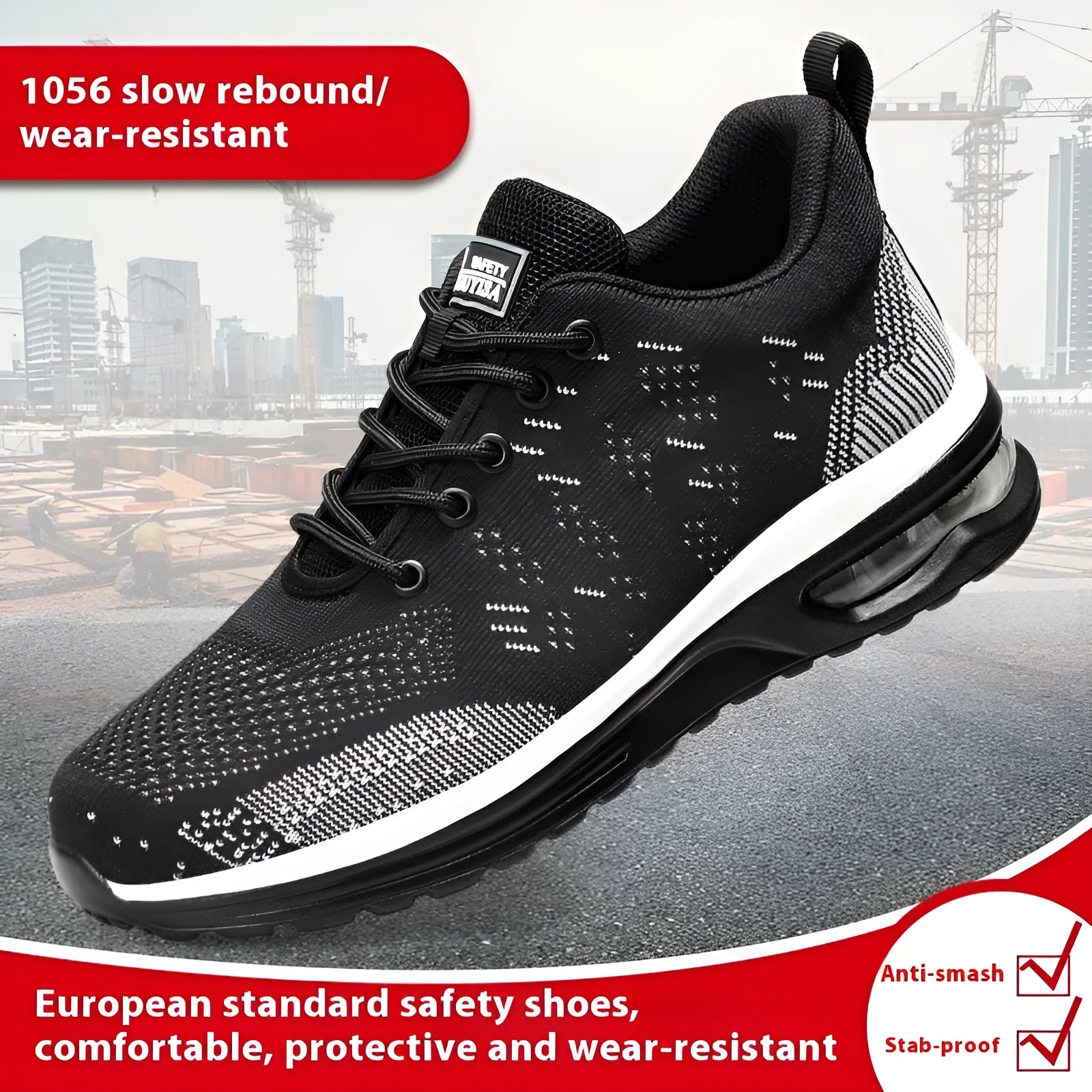Black men's low-top steel toe safety work shoes with a mesh upper and PU sole.