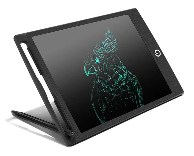 LCD drawing tablet with blue-green bold font display, ABS frame, erase button, and stylus